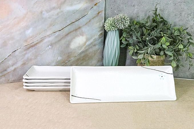 Ebros Gift Modern Yukino Hana Snow Flowers Ceramic Dinnerware Serveware Kitchenware Set Oriental Asian Restaurant Supply (Pack Of 5 Rectangular Serving Platter 14L)