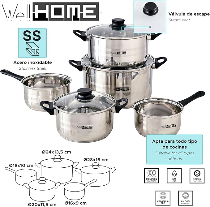Well Home 8-Piece Stainless Steel Cookware Set + 3 Pans Diameter 16 x 20 x 24 cm Matte Blue Pressed Aluminium