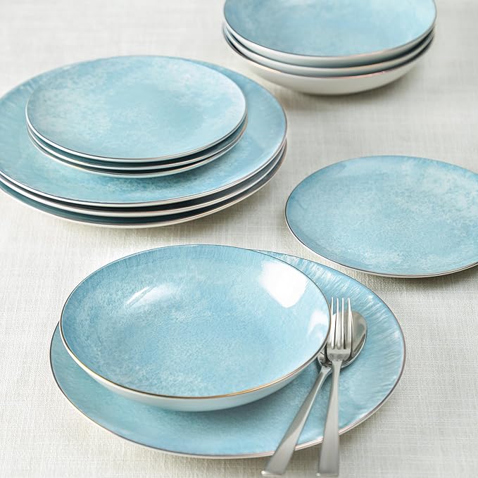 Christian Siriano Onyx 12-Piece Dinnerware Set Porcelain Plates and Bowls Set Hand Wash Dish Dish Set for 4 Blue and Gold