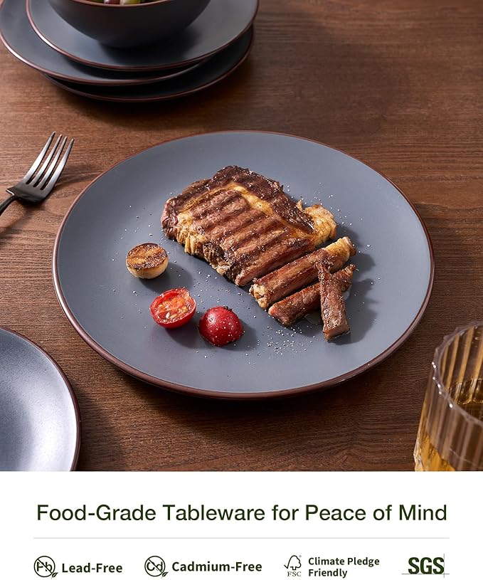 Famiware Venus Plates and Bowls Sets 18 Pieces Stoneware Speckled Dinnerware Dishes Set for 6 Matte Charcoal - Microwave &amp Dishwasher Safe Modern Minimalist for Everyday Meals &amp Formal Din
