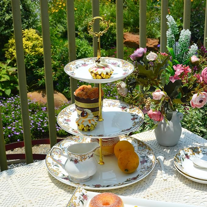 ACMLIFE Bone China Dinnerware Set 3-Tier Serving Stand Porcelain Cupcake and Stand Bone China Serving Platter