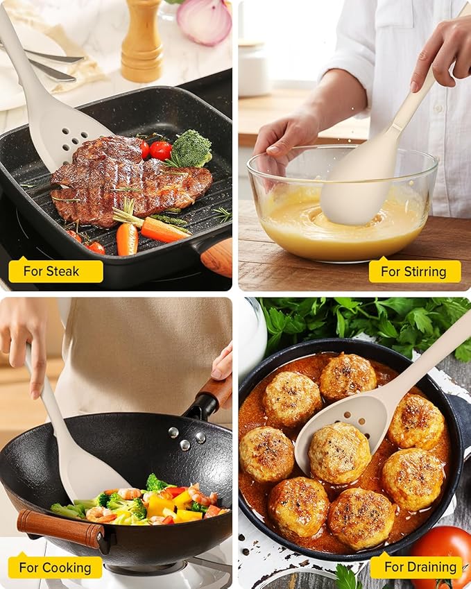 Silicone Cooking Utensils Set 9 Pcs Heat Resistant Kitchen Utensils with Back Hooks BPA Free Kitchen Tools with Spatulas Spoons Skimmer and Pasta Fork for Non Stick Cookware(KHAKI)