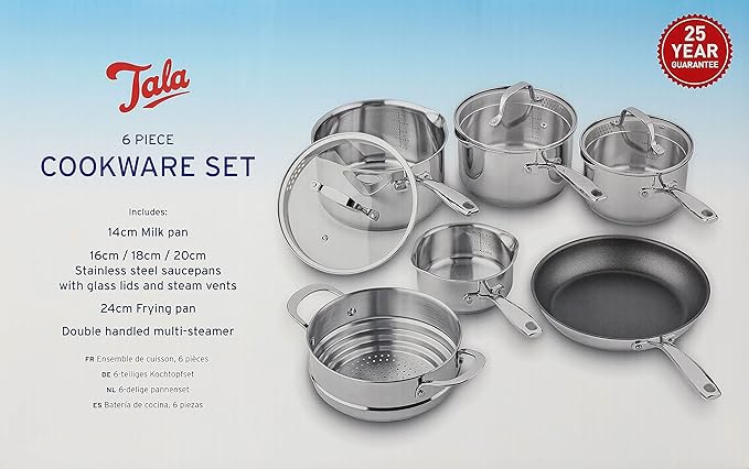 Tala 6 Piece Stainless Steel Cookware Set - Non-Stick Frying Pan 4 Multifunctional Cooking Pots with Tempered Glass Lids &amp Steamer - Dishwasher Safe Scratch Resistant - Suitable for All Stoves