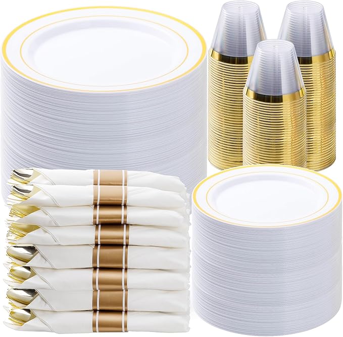 BESTVIP 525PCS Gold Plastic Dinnerware Set for 75 Guests Disposable Plates for Party Include: 150 Plastic Plates 75 Pre Rolled Napkins with Gold Silverware 75 Cups for Christmas Halloween