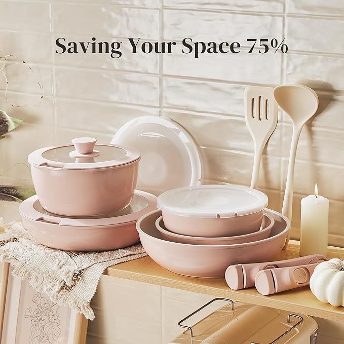 Redchef 16pcs Ceramic Pots and Pans Set Non Stick Nonstick Kitchen Cookware Set with Detachable Handle Non Toxic PFAS PFOA &amp PTFE Free RV Cookware Set for Camping Dishwasher/Oven Safe (Pink)