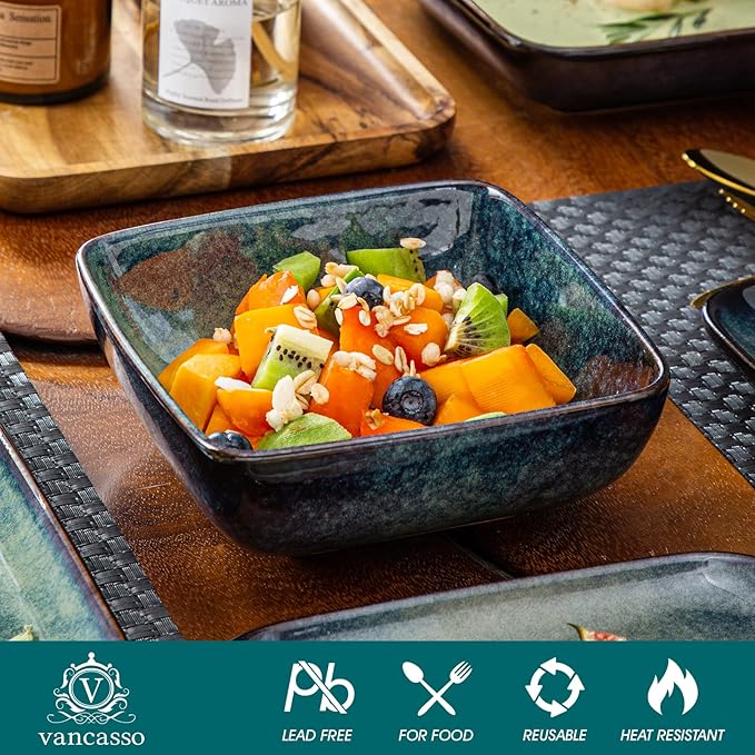 vancasso Stern Green Dinner Set- Square Reactive Glaze Dish Set- 16 Pieces Kitchen Dinnerware Stoneware Crockery with Dinner Plate Dessert Plates Bowl and Soup Plate Service for 4