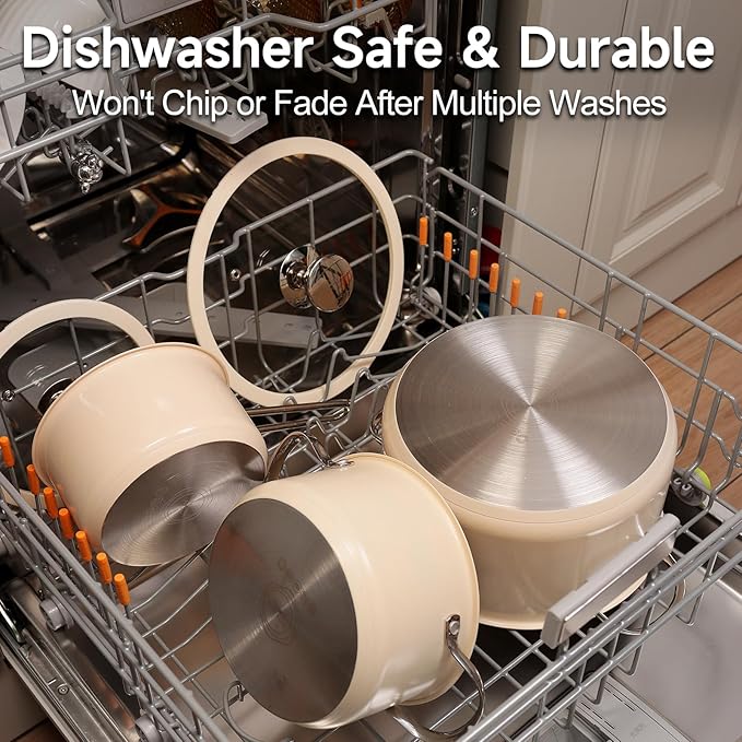 304 9pcs Stainless Steel Cookware Set Nonstick Kitchen Cookware SetBeige High Temperature Ceramic Paint Including 1 Milk Pot 3 Different Sizes Of Stockpot 1 Steam Tray For All Stoves