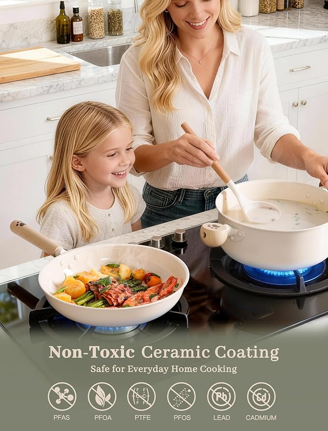 Astercook Pots and Pans Set Non Stick Ceramic Cookware Set Non Toxic 18 Pcs Dishwasher Safe Induction Cookware for Everyday Cooking &amp Kitchen Gifts