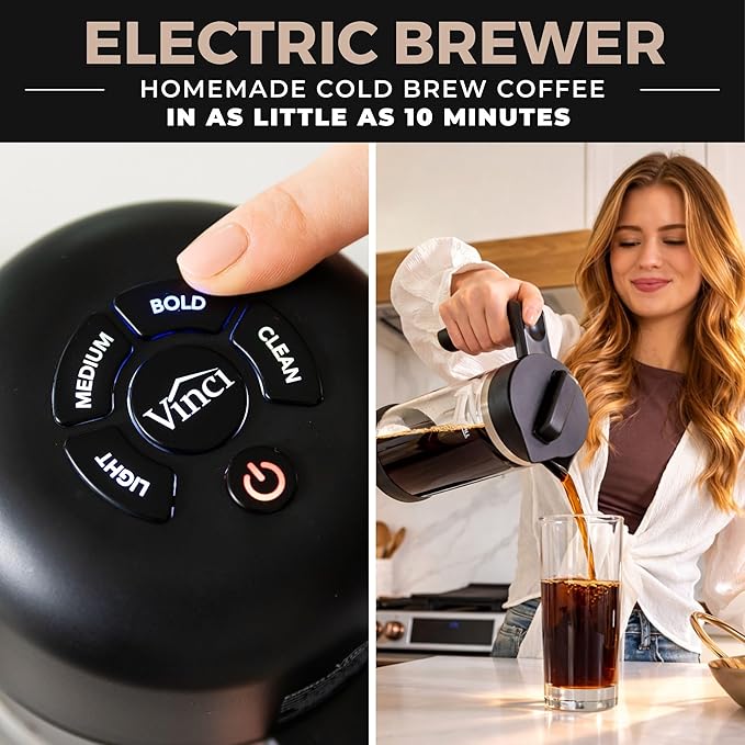 VINCI Express Cold Brew Electric Cold Brew Coffee Maker in 10 minutes 3 Brew Strength Settings &amp Cleaning Cycle Easy to Use &amp Clean Glass Carafe (2.0 Liters / 68 Fl.oz) Capacity