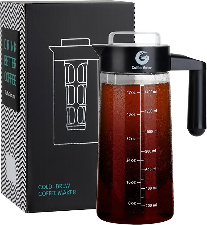 Coffee Gator Cold Brew Coffee Maker - 47 oz Iced Tea and Iced Coffee Maker and Pitcher with Borosilicate Glass Carafe Filter - Black