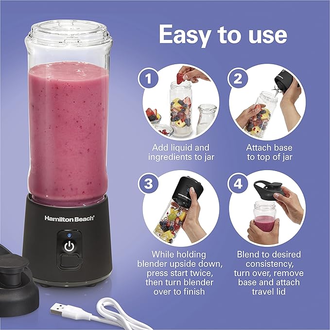 Hamilton Beach Mini Cordless Portable Personal Blender for Shakes and Smoothies USB Rechargeable 16 oz. Jar with Leakproof Travel Lid 6 Stainless Steel Blades Black (51180)