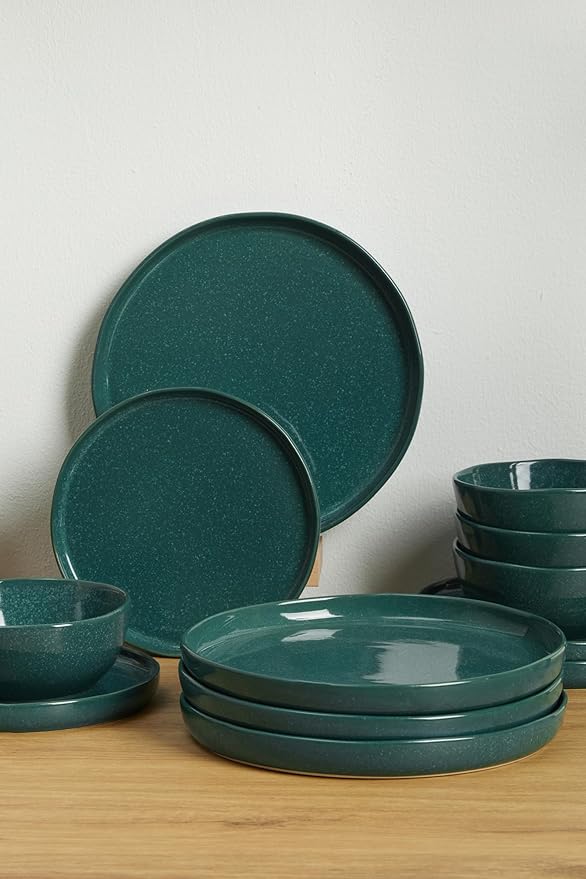 Ceramic Dinnerware Set for 4Reactive Glaze Plates and Bowls SetsMicrowave SafeChip-Resistant Dish SetPerfect for Modern DiningFarmhouse Style (Forest Green Service for 4 (12pcs))