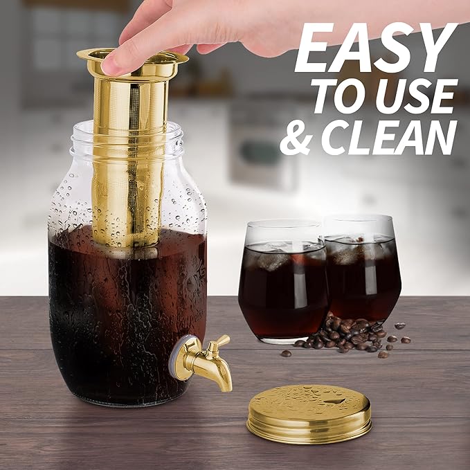 Zulay Kitchen 1.5 Liter Cold Brew Coffee Maker with EXTRA-THICK Glass Carafe &amp Stainless Steel Mesh Filter - Premium Iced Coffee Maker Cold Brew Pitcher &amp Tea Infuser (Gold)