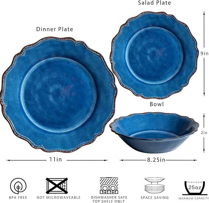 LEHAHA Farmhouse Melamine Dinnerware Sets-Lightweight Durable BPA Free 12 Piece Plates and Bowls Set Blue Dishes Set for Indoor &amp Outdoor Use Perfect for Camping BBQs Parties