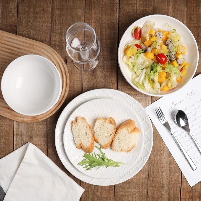 Sureasy 32 Pieces Dinnerware Sets for 8 Ceramic Plates and Bowls Sets Embossed Scratch Resistant Dinner Set Dishwasher &amp Microwave Safe White