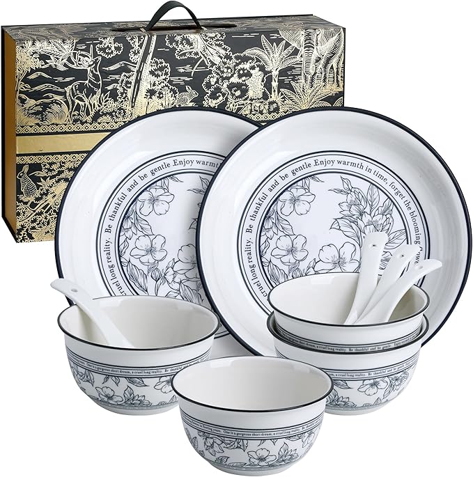 Floral Porcelain Dinnerware Sets for 2 10-Piece Plates and Bowls SetMicrowave &amp Dishwasher Safe Elegant Gift Packaging