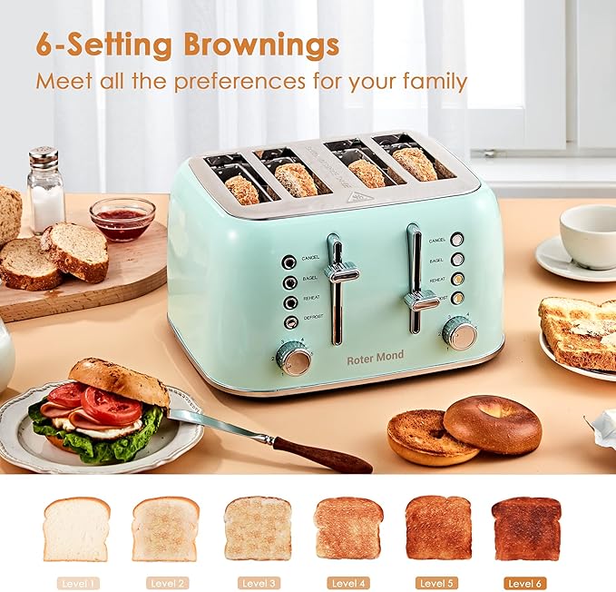 Roter Mond Toaster 4 Slice Retro Stainless Steel with Extra Wide Slots Bagel Defrost Reheat Function Dual Independent Control Panel Removable Crumb Tray 6 Browning Levels Aqua Green