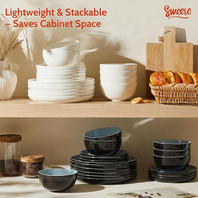 Sweese Porcelain Dinnerware Set of 6 Lightweight Round Plates and Bowls Set - Dishwasher Microwave Oven Safe Scratch Resistant Dinner Sets Kitchen Dishes Set Black &amp Blue