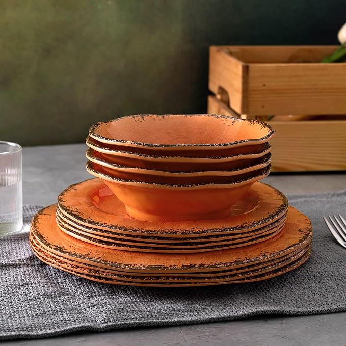 LEHAHA 12 Piece Crackle Lightweight Melamine Dinnerware Set-Service for 4 break-resistant and Durable Rustic Plates and Bowls Dishware Sets Perfect for Patio and Outdoor Activities