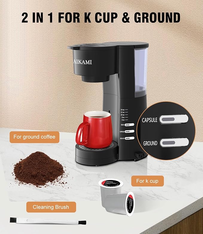 Single Serve Coffee Maker for K Cup &amp Ground Coffee with Milk Frother 6 to 14 Oz Brew Sizes Auto-Off Coffee Machine with Water Reservoir