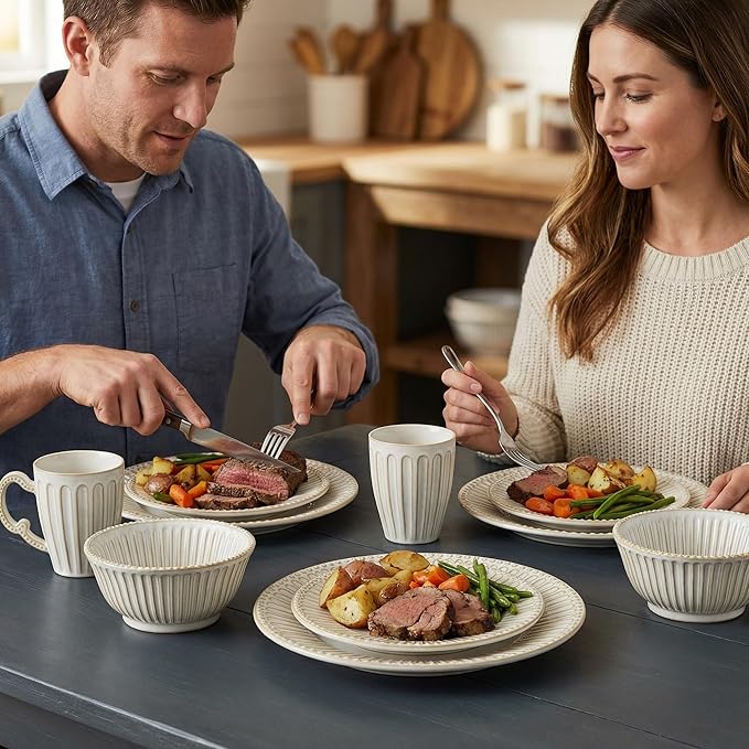 Dinnerware Set for 4 Ceramic Plates Bowls and Mugs Dishwasher &amp Microwave Safe Ideal for Family Dinners Parties and Everyday Use White (16-Piece)