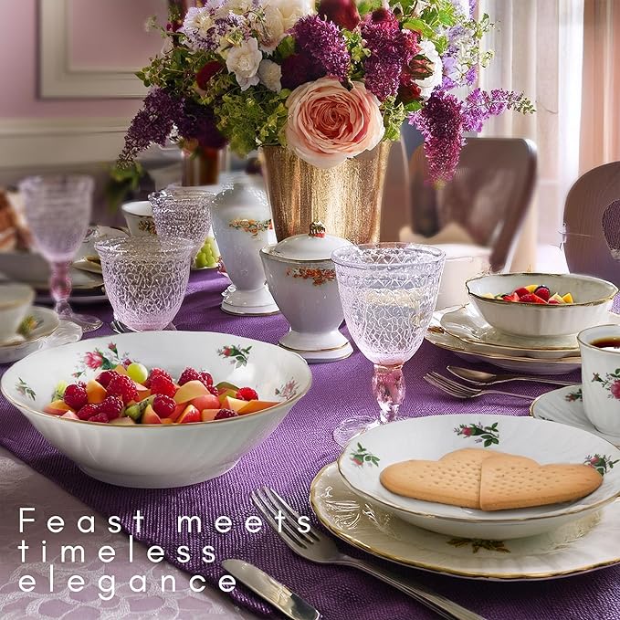 Lynns Paradise 45-Piece Vintage Rose Dinnerware Set 24K Gold Trim | Embossed Swirl Floral Plates &amp Bowls | Apartment Essentials | Home Kitchen Dinner Accessories