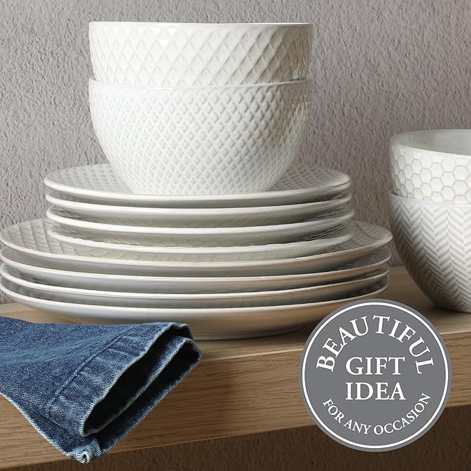 Gibson Elite Oyster Tide Embossed 12 Piece (Service for 4) Plates and Bowls Reactive Glaze Round Dishes Stoneware Ceramic Dinnerware Set White