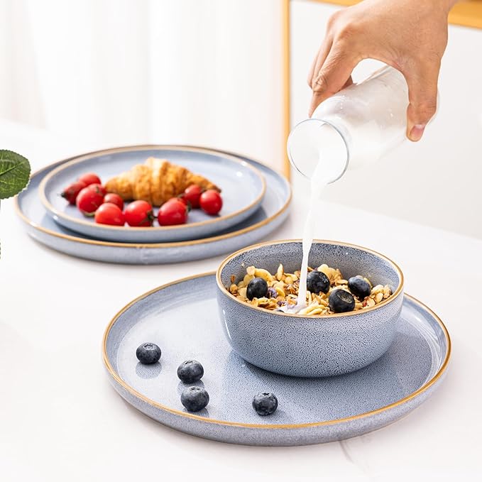 GBHOME Ceramic Dinnerware Sets for 4 12 Pieces Stoneware Plates and Bowls Sets Scratch Resistant Dishe Set for Dinner Dishwasher &amp Microwave Safe Brunnera Blue