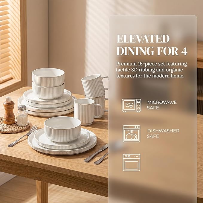 16-Piece Ribbed Ceramic Dishware Set Service for 4 Plates Bowls &amp Mugs Dinnerware Set for Kitchen Microwave and Dishwasher Safe - White