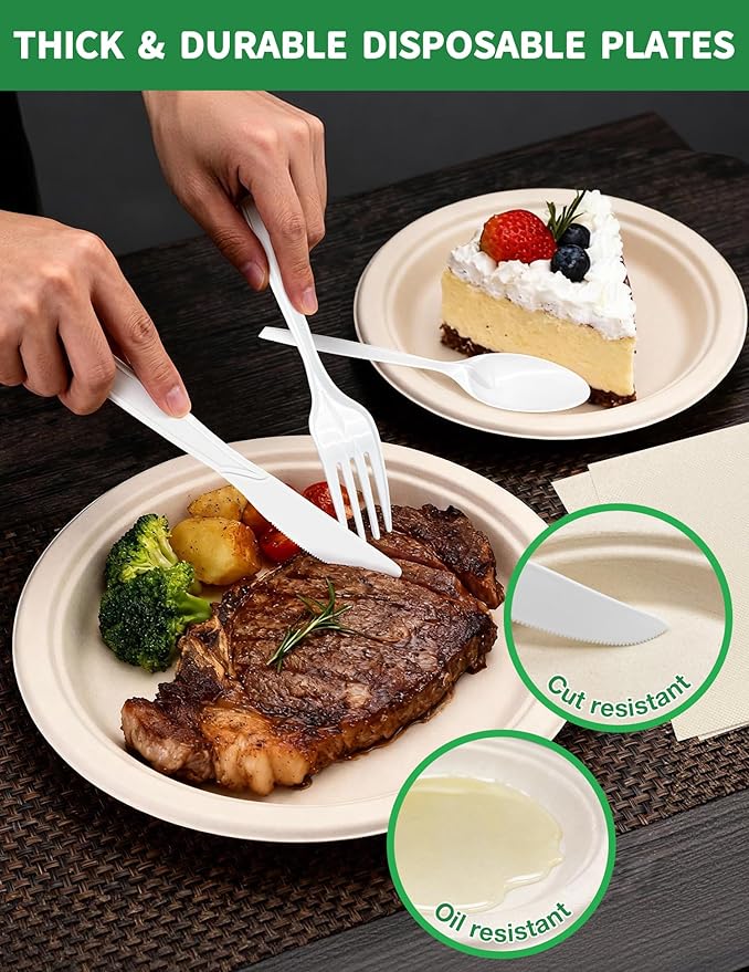 300 Pcs Compostable Dinnerware Set - Serves 50 Guests with Heavy Duty 9 &amp 7 Inch Plates Napkins &amp Cutlery | Biodegradable Sugarcane Eco-Friendly Party Supplies for Birthday Christmas Holida