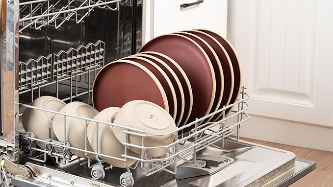 12 Pieces Dinnerware SetsPlates and Bowls SetsHandmade Reactive Glaze Dishes Set for 4 with at Least 10% Recycled Ceramic and the Raw Texture of the Clay (Angora Red)
