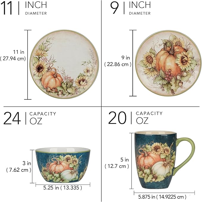 Autumn Breeze 16-Piece Ceramic Dinnerware Set Service for 4 – Celebrate fall gatherings with sunflowers pumpkins and rich harvest hues perfect for cozy dinners and festive autumn tablescapes