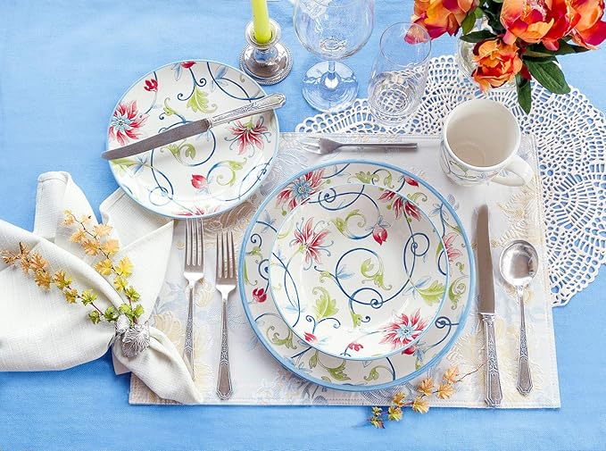 Tudor Royal Collection 24-Piece Round Dinnerware Set Service for 6 Botanical Design Summer Flowers Plates Bowls Mugs Dishes High-Gloss Premium Quality