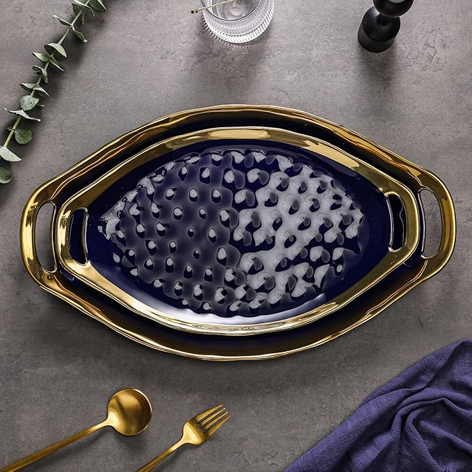 Stone Lain Florian Porcelain Large and Medium Oval Platters with Handle Service Set Blue with Gold Rim