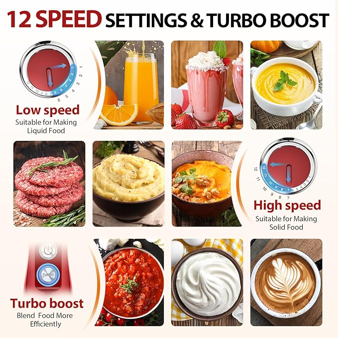 KOIOS Immersion Blender 1000W Anti-scratch 3-in-1 Hand Blender Upgraded 12 Speed Stainless Steel Blade Stick Blender with Turbo Mode Whisk and Milk Frother Non-BPA Red