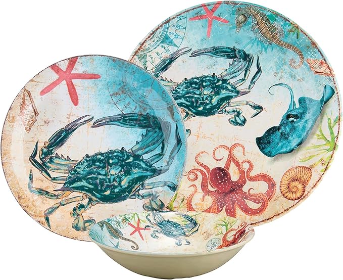 UPware 12 Piece Crab Melamine Dinnerware Sets Outdoor Dishes Set Plates and Bowls Sets Service for 4 Multicolor