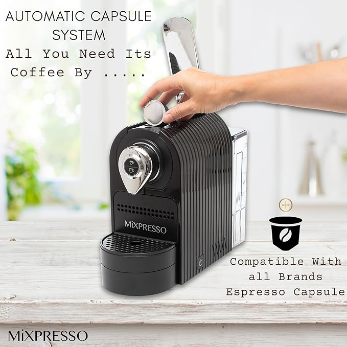 Mixpresso Black Espresso Coffee Machine – Compact 1400W Single Serve Coffee Maker Compatible with Nespresso OriginalLine Capsules One-Touch Operation 19-Bar Italian Pump 27oz Water Tank