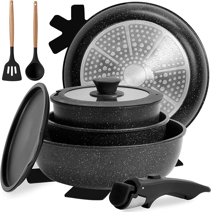 Numola 10 pcs Pots and Pan Set Non Stick with Detachable Handle Ceramic Cookware Set for Stackable Induction Kitchen Cookware Set for RV Dishwasher ＆ Oven Safe Black