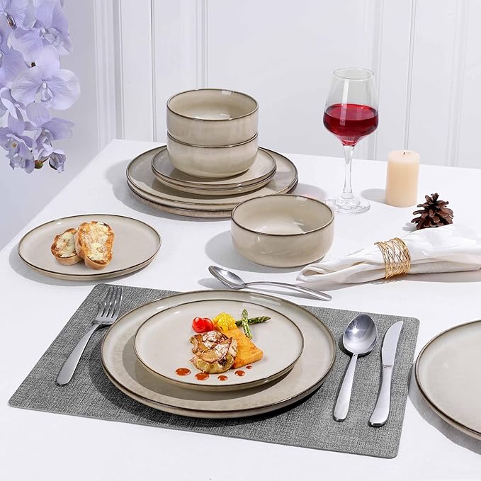 Herogo Stoneware Plates and Bowls Sets for 6 18 Pieces Modern Round Dinnerware Reactive Glaze Dishes Set for Kitchen Chip Resistant Microwave &amp Dishwasher Safe Cream Khaki