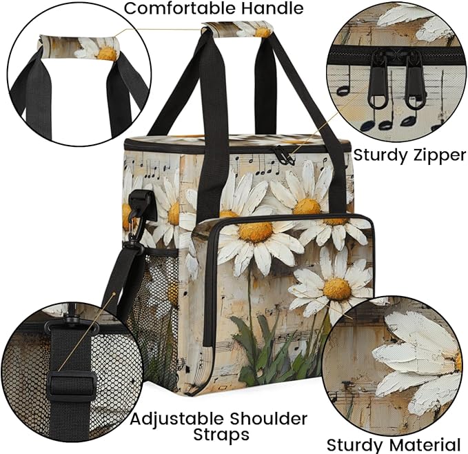 Daisies Music Notes Coffee Maker Travel Bag for Keurig K-Mini/K-Mini Plus Insulated Waterproof Tote with Pockets for K-Cup Portable Single-Serve Brewer Case