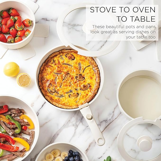 Country Kitchen Cookware Set with Removable Handle Oven &amp RV Safe Pots and Pans Set Cream Deluxe Larger Set