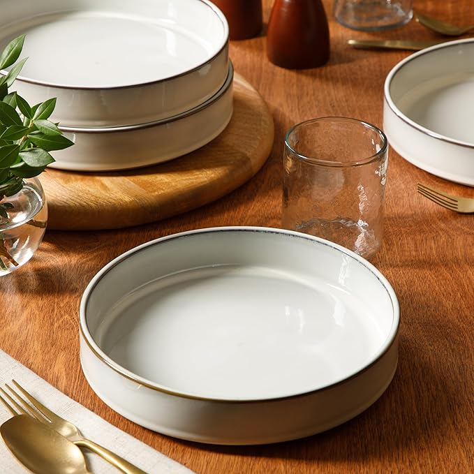 Bloomhouse - Two Time Oprah's Favorite Things WInner - Santorini Mist 4-Piece 8.6-Inch Terracotta Pasta Bowl Set – Moonstone White Reactive Glaze Round Shallow Walled Dinner &amp Serving Bowls