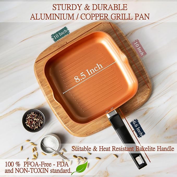 Moss &amp Stone 5 Pcs Copper Chef Cookware Set 9.5” Non Stick Deep Frying Pan Fry Basket Dishwasher &amp Oven Safe Induction Copper Cookware Set Bundle With Square Grill Pan For Indoor Cooking