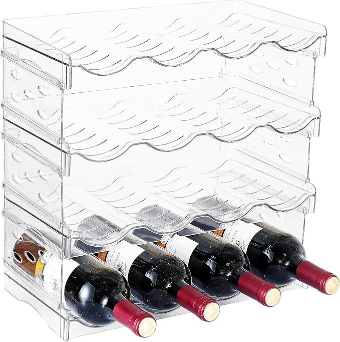 IEEK Plastic Stackable Bottle Storage Holder Rack Holds 16 BottlesFree-Standing Water Bottle/Wine and Drink Organizer Shelf for Kitchen CabinetFridgeCountertopPantryFreezer4 PackX4 BottlesClear