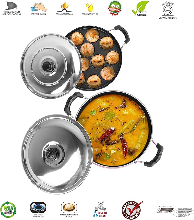 SUMEET 2.6mm Thick Non-Stick Aluminium Red Get Ready Cookware Set (Kadhai with Lid 1.5Ltr Capacity- 20cm Dia and Grill Appam Patra with Lid 23cm Dia)