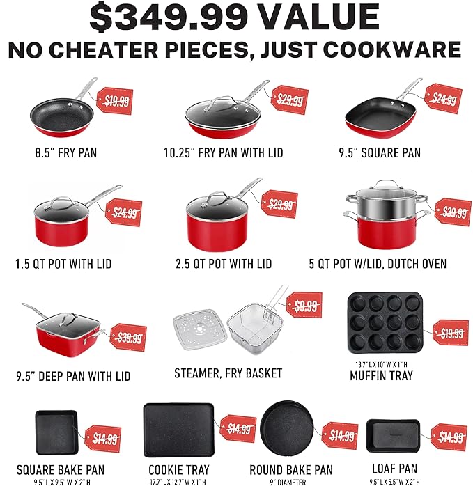 Granitestone 20-Piece Nonstick Pots and Pans Set with Bakeware &amp Steamer Diamond-Reinforced Cookware Set Deep Frying Pan Non-Toxic PFOA PFOS Free Metal Utensil Safe Dishwasher &amp Oven Safe
