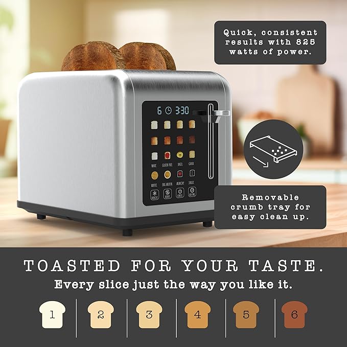 Rae Dunn 2 Slice Smart Toaster Digital Display Wide Slots 8 Browning Levels 6 Bread Types 4 Functions (Defrost Reheat Cancel Add Time) 825W Digital Stainless Steel
