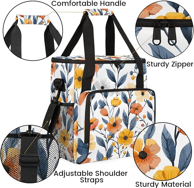 Flower Print Coffee Maker Carring Bag Large Insulated Storage Organizer Case Tote Bags with Shoulder Strap for Travel Work Picnic