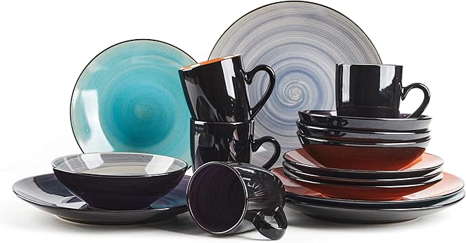 Sonoma 16 Piece Stoneware Dinner Set Samoa Outside Black + Inside Hand painted Combi Colors of Grey Orange Purple and Turquoise) with speckle