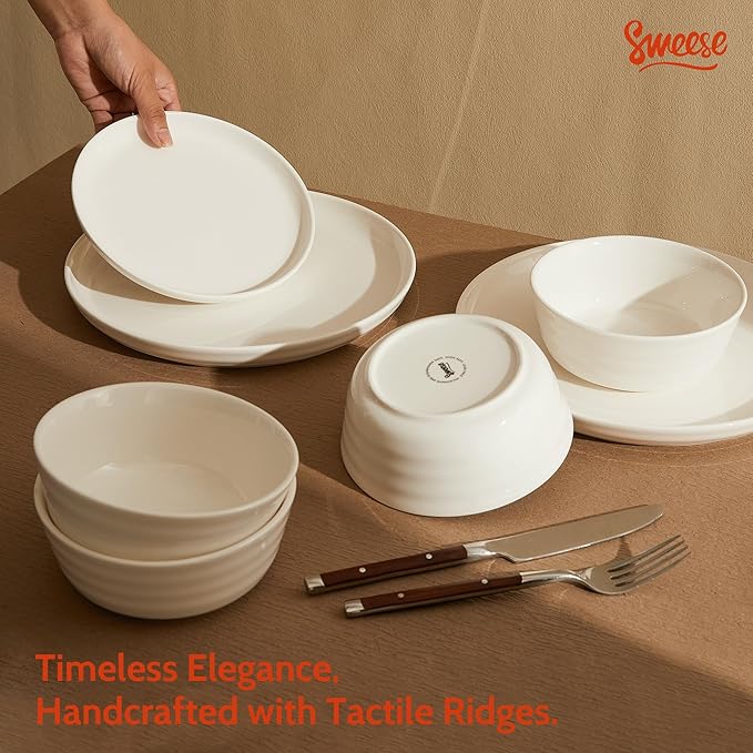 Sweese Plates and Bowls Sets18 Pieces Modern Porcelain Dinnerware Set for 6 Handcrafted Uniqe Dinner Set Ceramic Dishware Dishes Microwave and Dishwasher Safe White